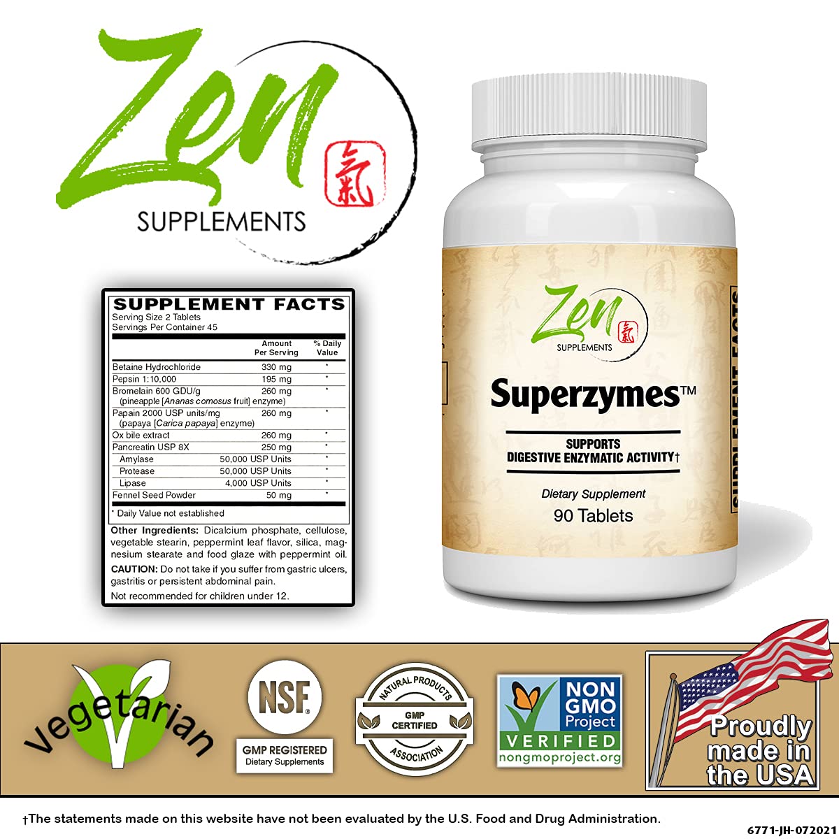 Zen Supplements - Superzymes Zen Supplements - Superzymes Multi-Enzyme Formula containing Pepsin, Bromelain, Papain, Pancreatin, Betaine HCL 90-Tabs