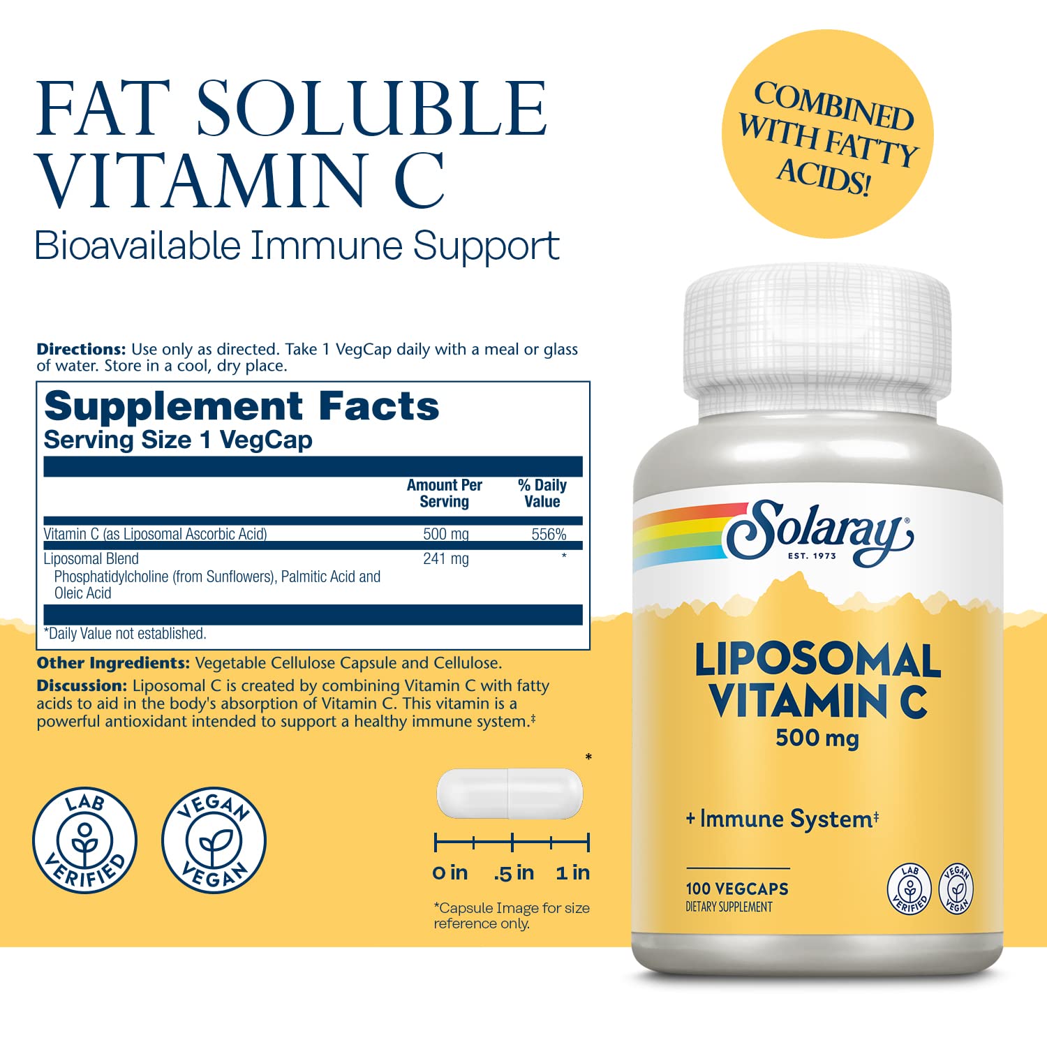 Solaray Liposomal Vitamin C 500 mg | Healthy Immune System, Collagen Synthesis & Antioxidant Support | Buffered w/Fatty Acids | 100 VegCaps
