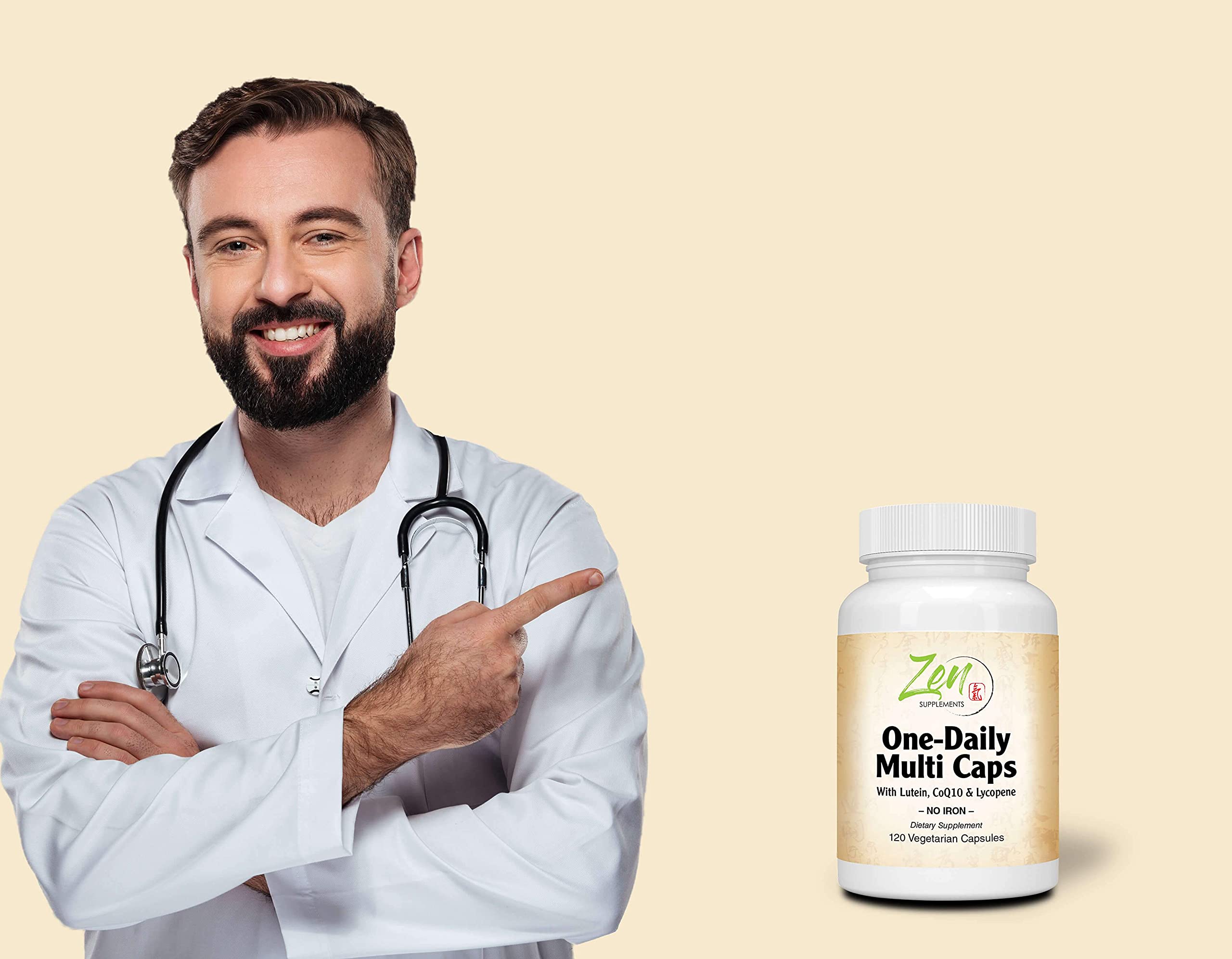 Zen Supplements -One Daily Multi-Vitamin Caps with Lutein, Lycopene and CoQ10 (Iron Free) 120-Vegcaps - Hi-potency multivitamin with Lutein, Lycopene and CoQ10 that Support Macular and Visual Function