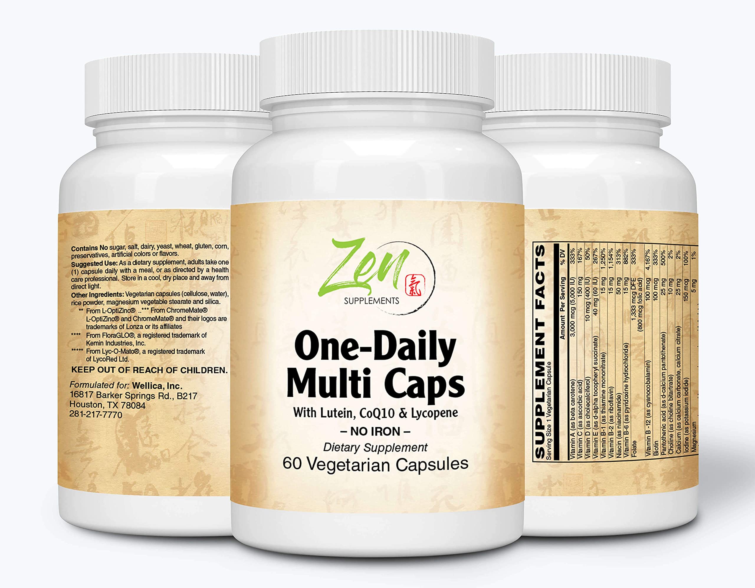 Zen Supplements - One Daily Multi-Vitamin Caps (Iron Free) 60-Vegcaps - Hi-Potency multivitamin with Lutein, Lycopene and CoQ10 That Support Macular and Visual Function