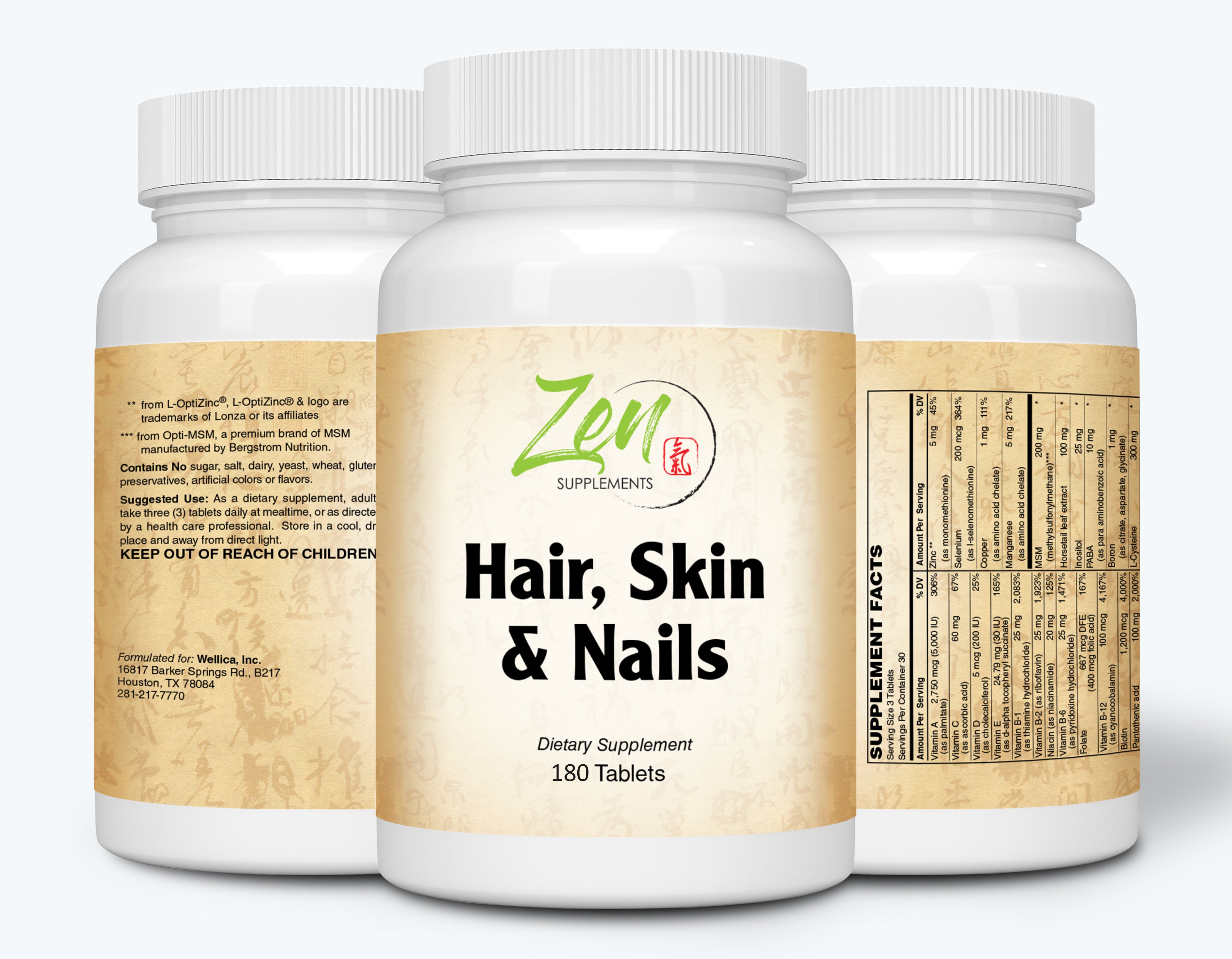 Zen Supplements - Hair, Skin & Nails Formula Contains Biotin, Zinc, MSM, Antioxidant Vitamins C and E, Selenium, Silicon All Support for Healthy Hair, Clear Skin and Strong Nails 180-Tabs