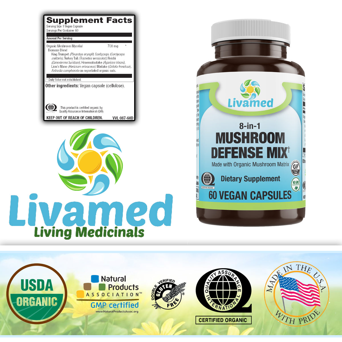 Mushroom Defense Mix Veg Caps - 8 in 1 Blend Made with Organic Mushroom Complex 60 Count