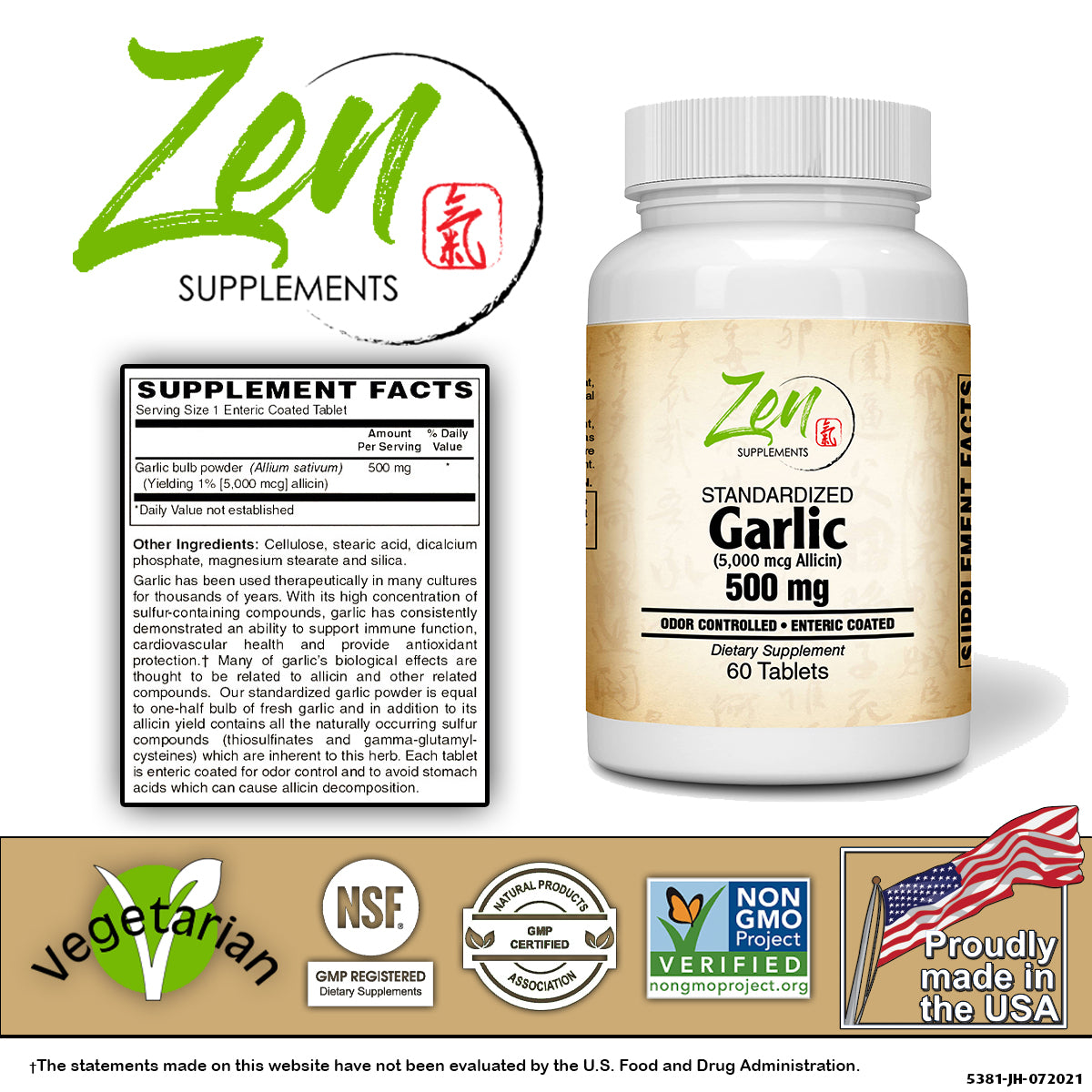 Zen Supplements - Garlic 500Mg Extract - Enteric Coated - Supports Cardiovascular Health, Promotes a Healthy Inflammatory Response, Healthy Blood Pressure & Cholesterol Levels 60-Tabs