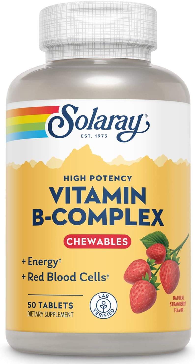 Solaray® Vitamin B-Complex 250mg Chewable | Natural Strawberry Flavor | Healthy Hair, Skin, Immune Function & Metabolism Support | Lab Verified | 50ct