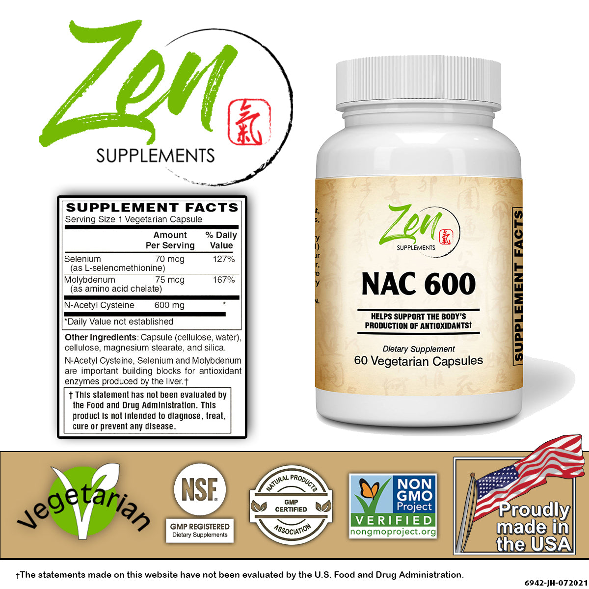 Zen Supplements - NAC 600 Plus - N-Acetyl Cysteine Antioxidant for Liver Support & Functions of Cleansing & Detoxification, Supports Respiratory Health, and Promotes Immune Function 60-Vegcaps