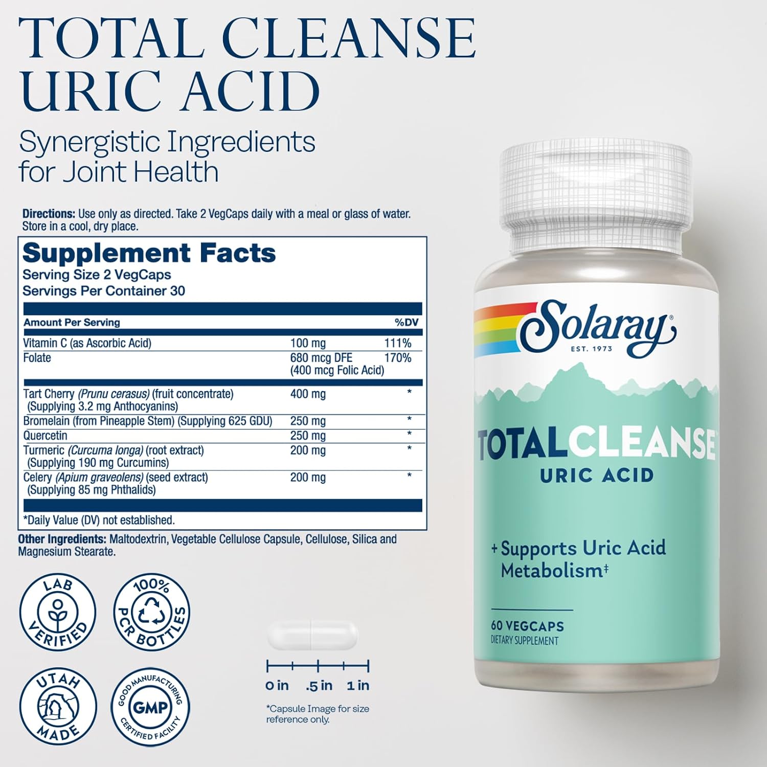 Solaray Total Cleanse Uric Acid | Tart Cherry, Bromelain, Quercetin and More | Joint Comfort Support | Vegan | 60 Caps