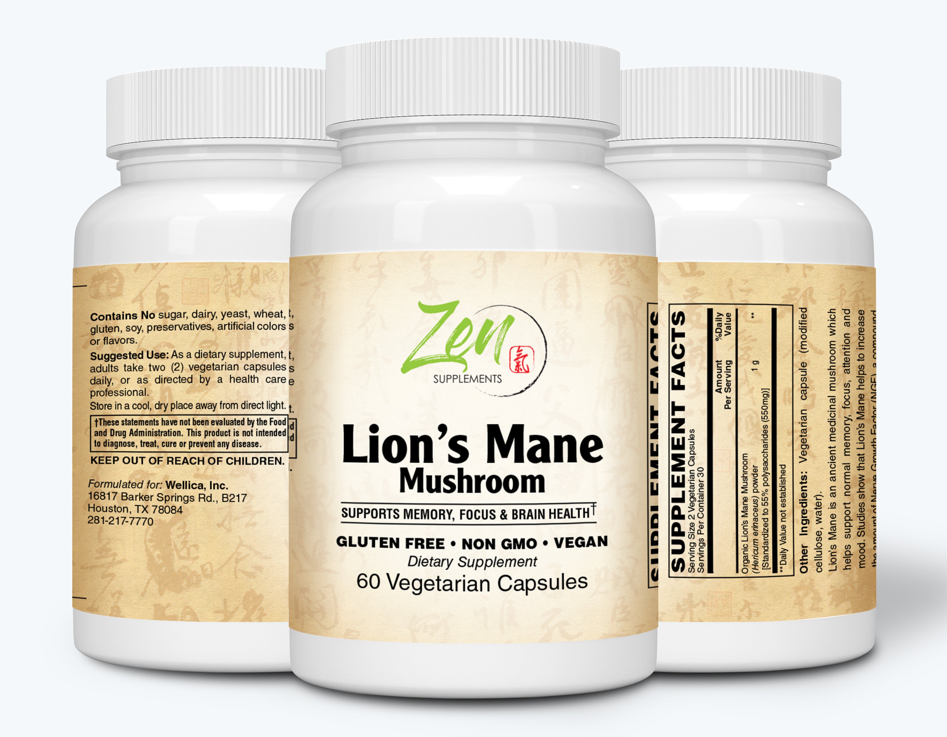 Zen Supplements - Lion's Mane (Organic) Nootropic Brain Supplement and Immune Support, Promotes Mental Clarity, Focus & Memory Plus Immune Health 60-Caps