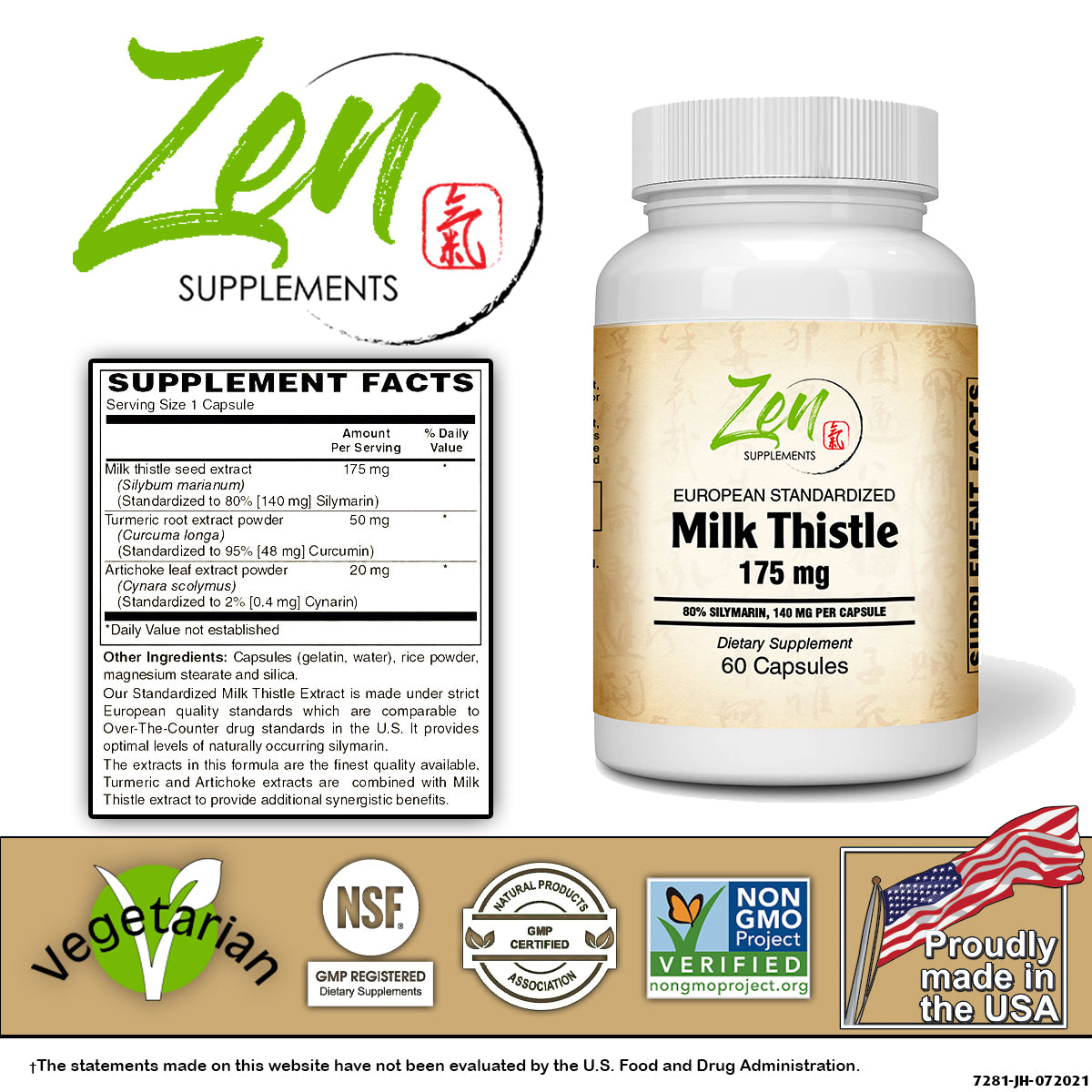 Zen Supplements - Milk Thistle Extract-Plus 175 Mg - Promotes Healthy Liver Function, Liver Health & Supports The Body’s Natural Cleansing & Detoxification Pathways 60-Caps