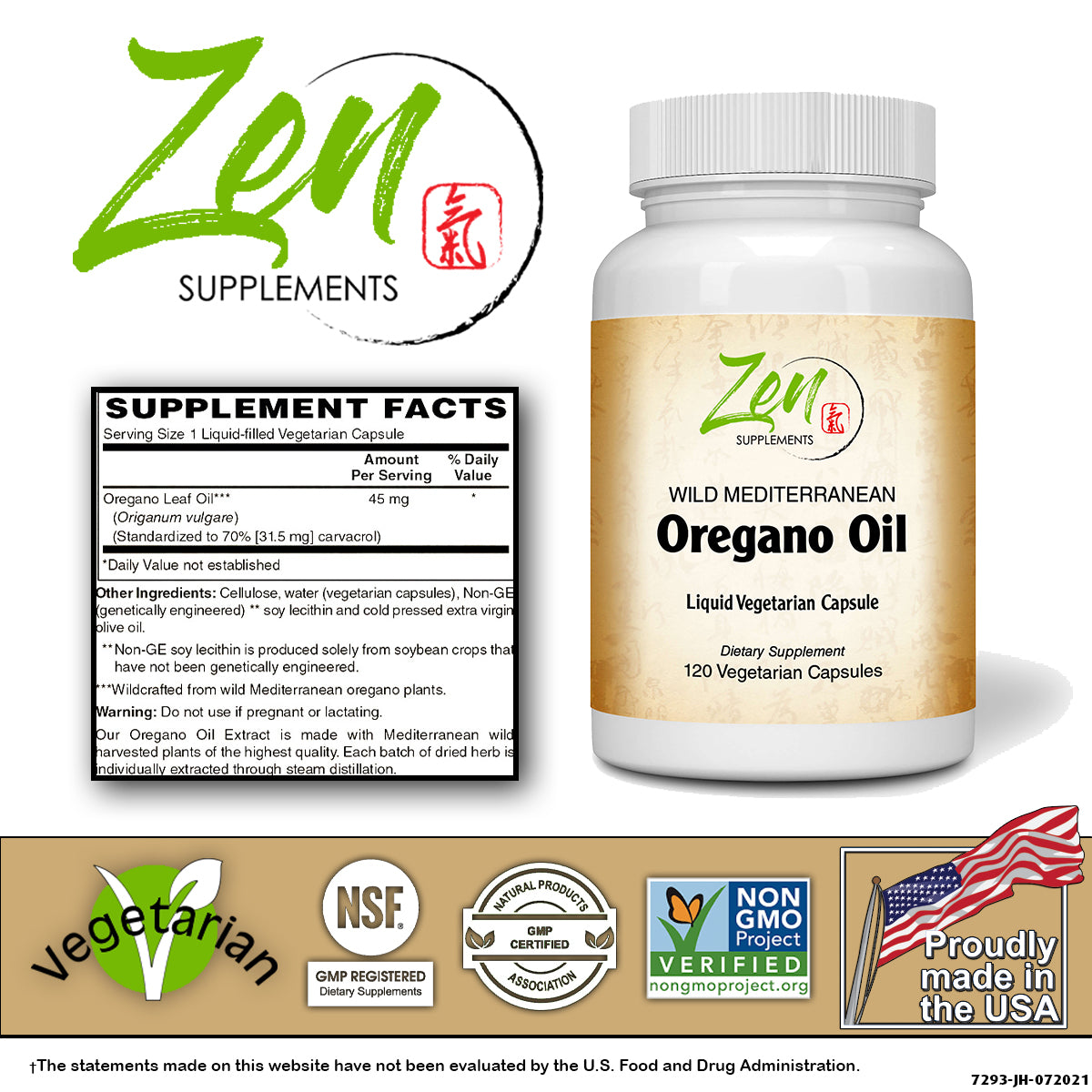 Zen Supplements - Oregano Oil Standardized to 45 Mg 70% Carvacrol - Immune and Intestinal Support for Healthy Digestive Flora 120-Vegcaps