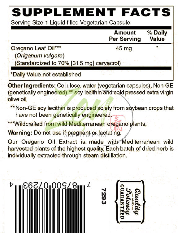 Oregano Oil - Standardized to 45mg 70% Carvacrol - 120 Vegcaps