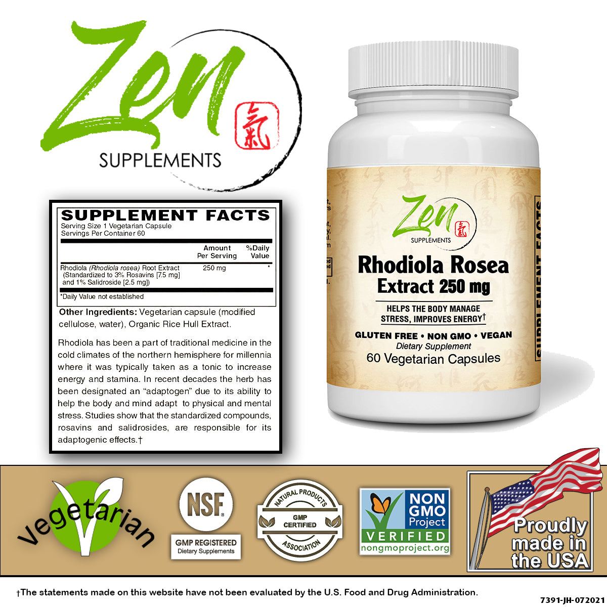 Zen Supplements - Rhodiola Rosea Extract Adaptogen - Supports Improved Energy, Brain Function & Stress Relief. Promotes an Elevated Mood Due to Anxiety or Stress 60-Caps