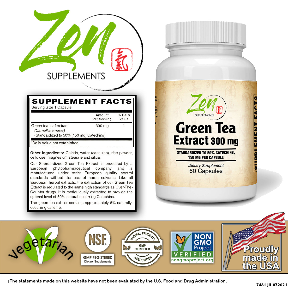 Zen Supplements - Green Tea Extract 300 Mg Supplement for Healthy Weight Support & Supports Healthy Heart, Metabolism & Energy with Antioxidants & Polyphenols 60-Caps