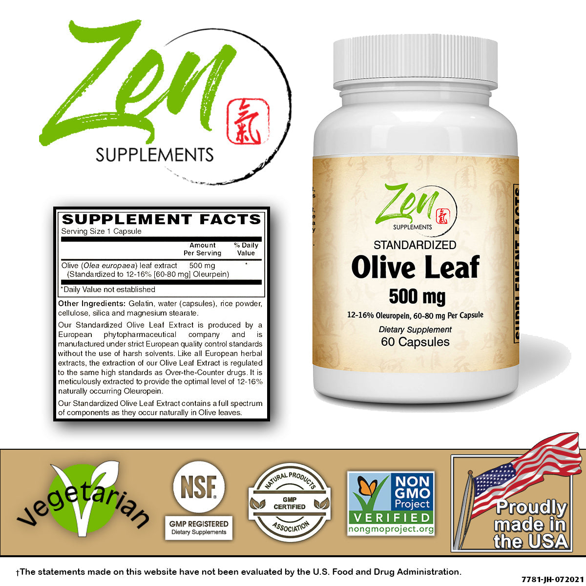 Olive Leaf Extract 500mg - Standardized Oleuropein Antioxidant - 60 Caps