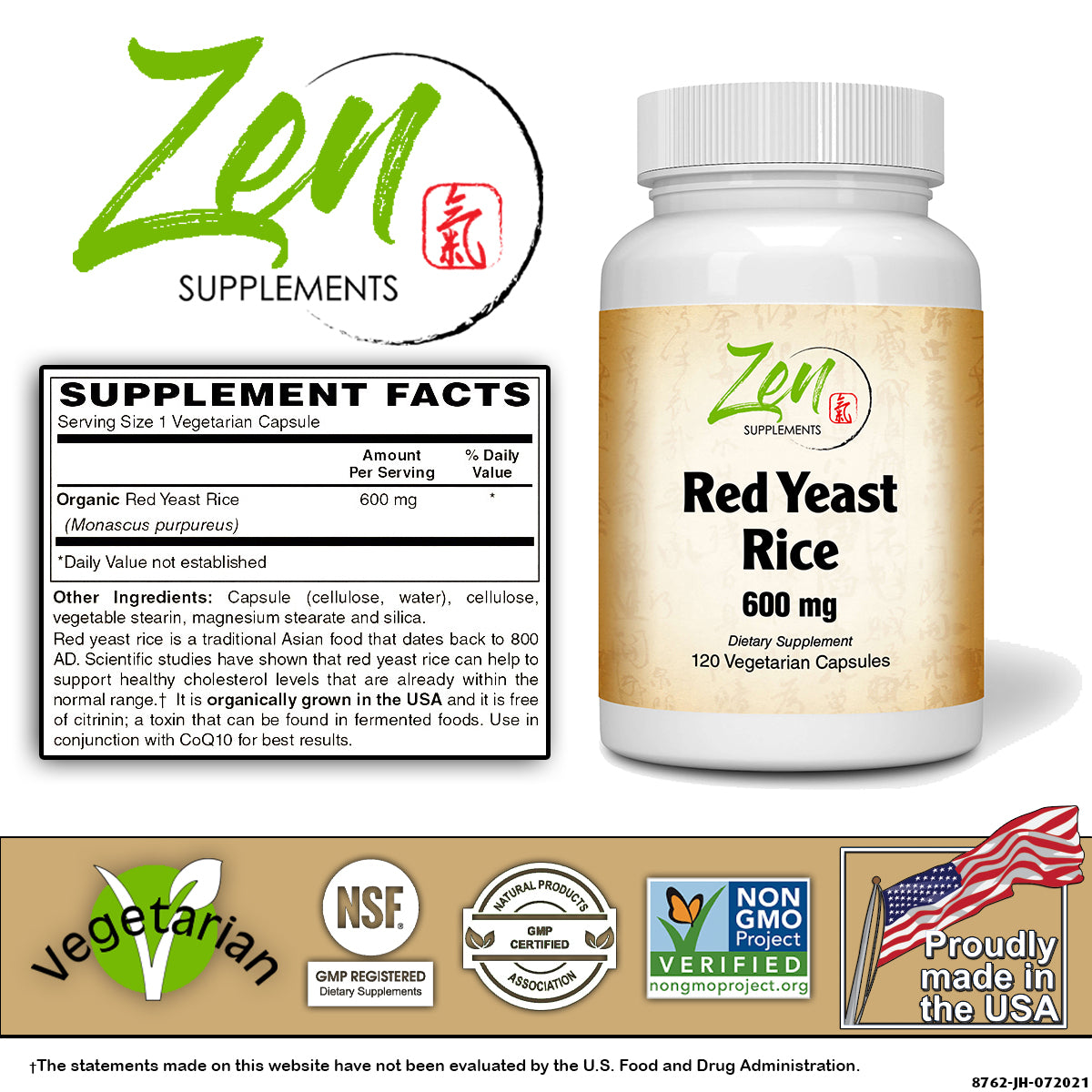 Zen Supplements - Red Yeast Rice 600mg Supports Healthy Cholesterol Levels & Cardiovascular System 120-Vegcaps