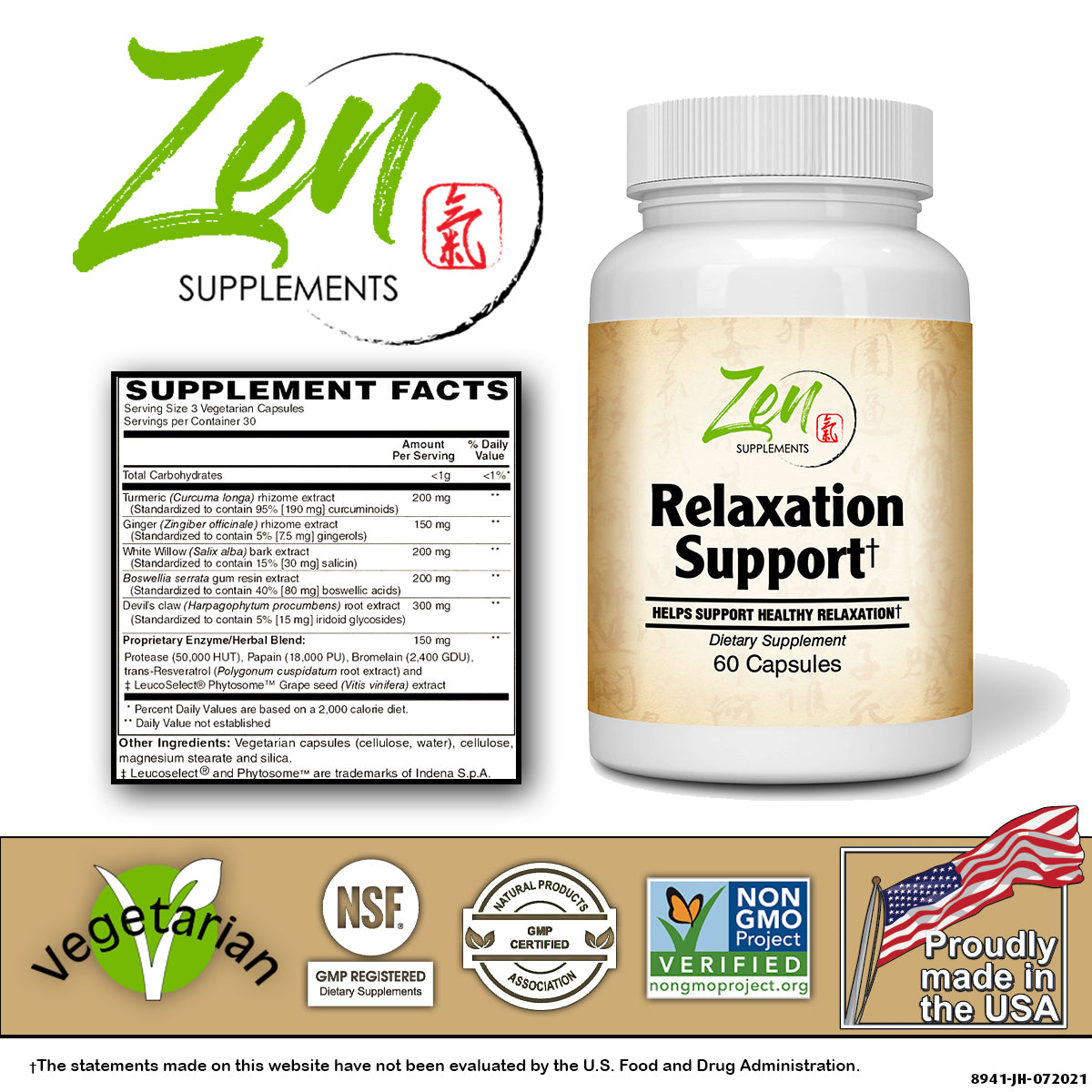 Zen Supplements - Relaxation Support with Relora, Theanine, Magnesium, Chamomile, Hops & Vitamin B-6 60-Caps Herbal Blend Crafted to Sooth Minds & Allow Relaxation, Promotes Positive Mood