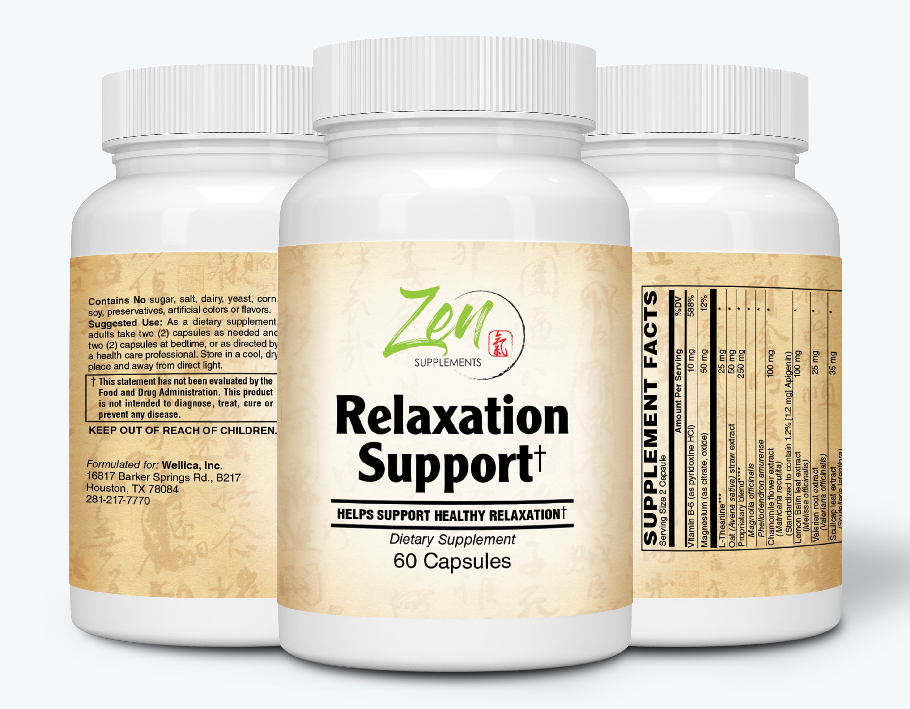 Zen Supplements - Relaxation Support with Relora, Theanine, Magnesium, Chamomile, Hops & Vitamin B-6 60-Caps Herbal Blend Crafted to Sooth Minds & Allow Relaxation, Promotes Positive Mood