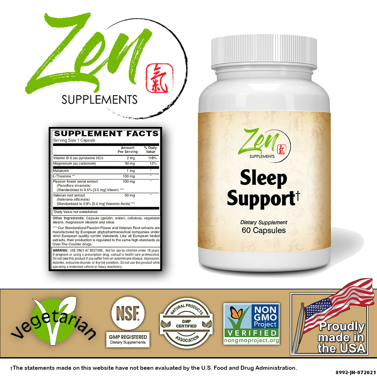 Zen Supplements - Sleep Support with Melatonin, L-Theanine, Passionflower & Valerian 60-Caps - Supports Overall Sleep Quality - Magnesium to Fall Asleep Fast, Calm & Restful Night, Non Habit Forming