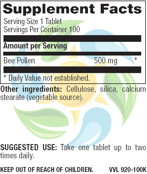 Natural Bee Pollen 500 mg Veg Tabs 100 Count