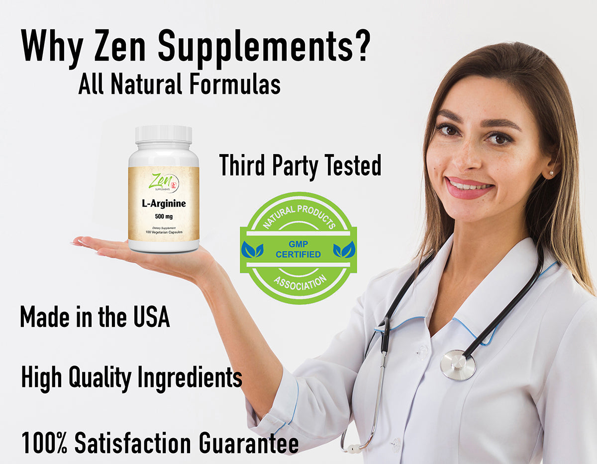 Zen Supplements - L-Arginine 500 Mg W/B-6 for Energy Production, Heart Health, Muscle Growth Metabolism & NO Booster 100-Vegcaps