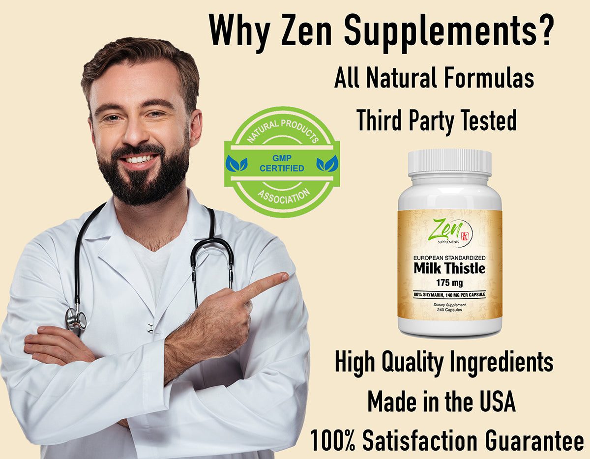 Zen Supplements - Milk Thistle Extract-Plus 175 Mg - Promotes Healthy Liver Function, Liver Health & Supports The Body’s Natural Cleansing & Detoxification Pathways 240-Caps