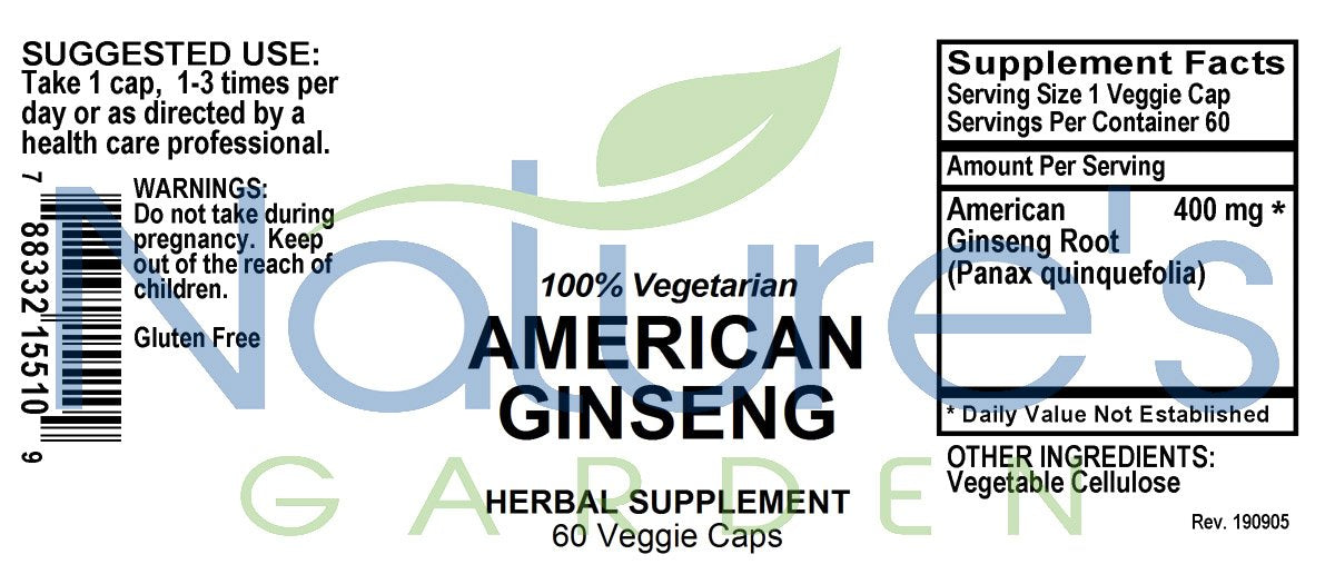 Ginseng, American - 60 Veggie Caps with 400mg Panax Quinquefolia Ginseng Root