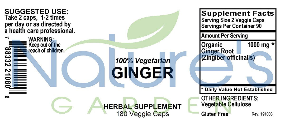 Ginger - 180 Veggie Caps with 1000mg Organic Ginger Root