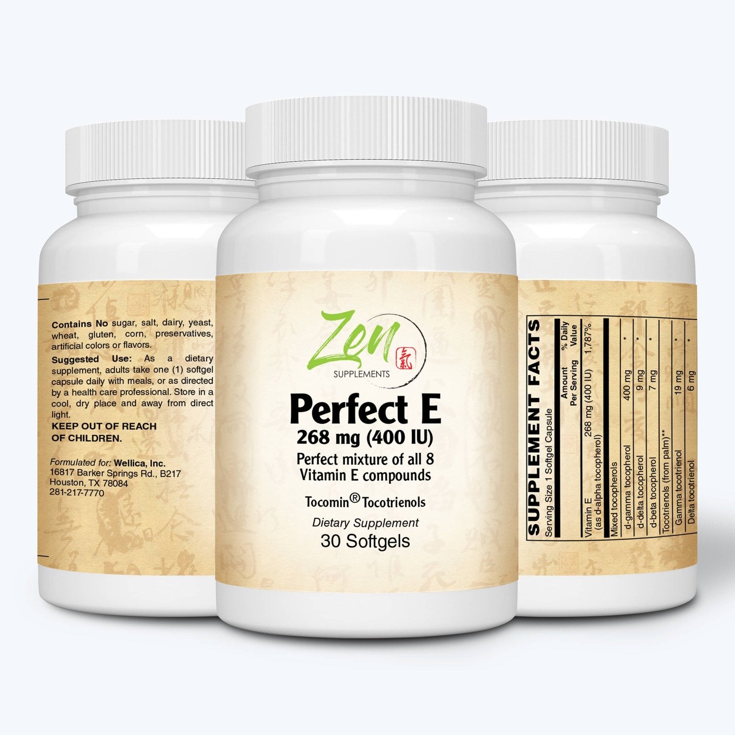Zen Supplements - Perfect E with Tocotrienols from Tocomin®Contains 400 IU Alpha-tocopherol & Gamma-tocopherol 30-Softgel