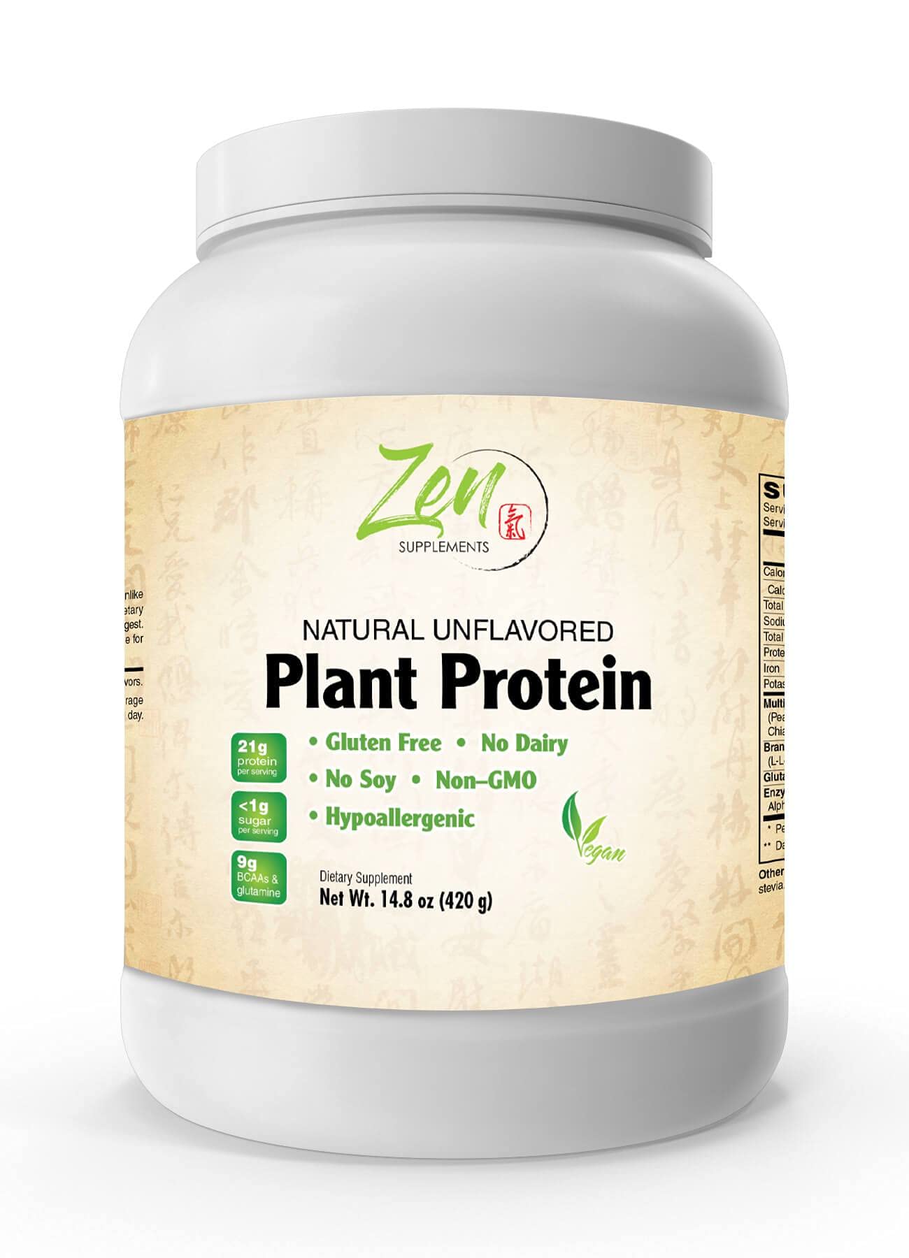 Zen Supplements - Plant Protein - Vegan/Natural Unflavored 14.8 Oz-Powder - 24.5 Grams of Protein Per Serving -Vegan, Low Net Carbs, Non Dairy, Gluten Free, Lactose Free, No Sugar Added, Soy Free, Kosher, Non-GMO