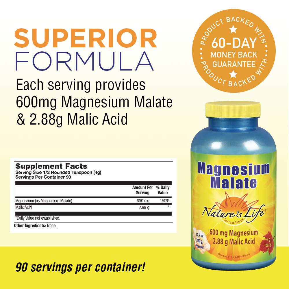 Nature's Life Magnesium Malate Powder with Malic Acid, 600mg | Healthy Heart, Muscle & Bone Health Support | 90 Servings