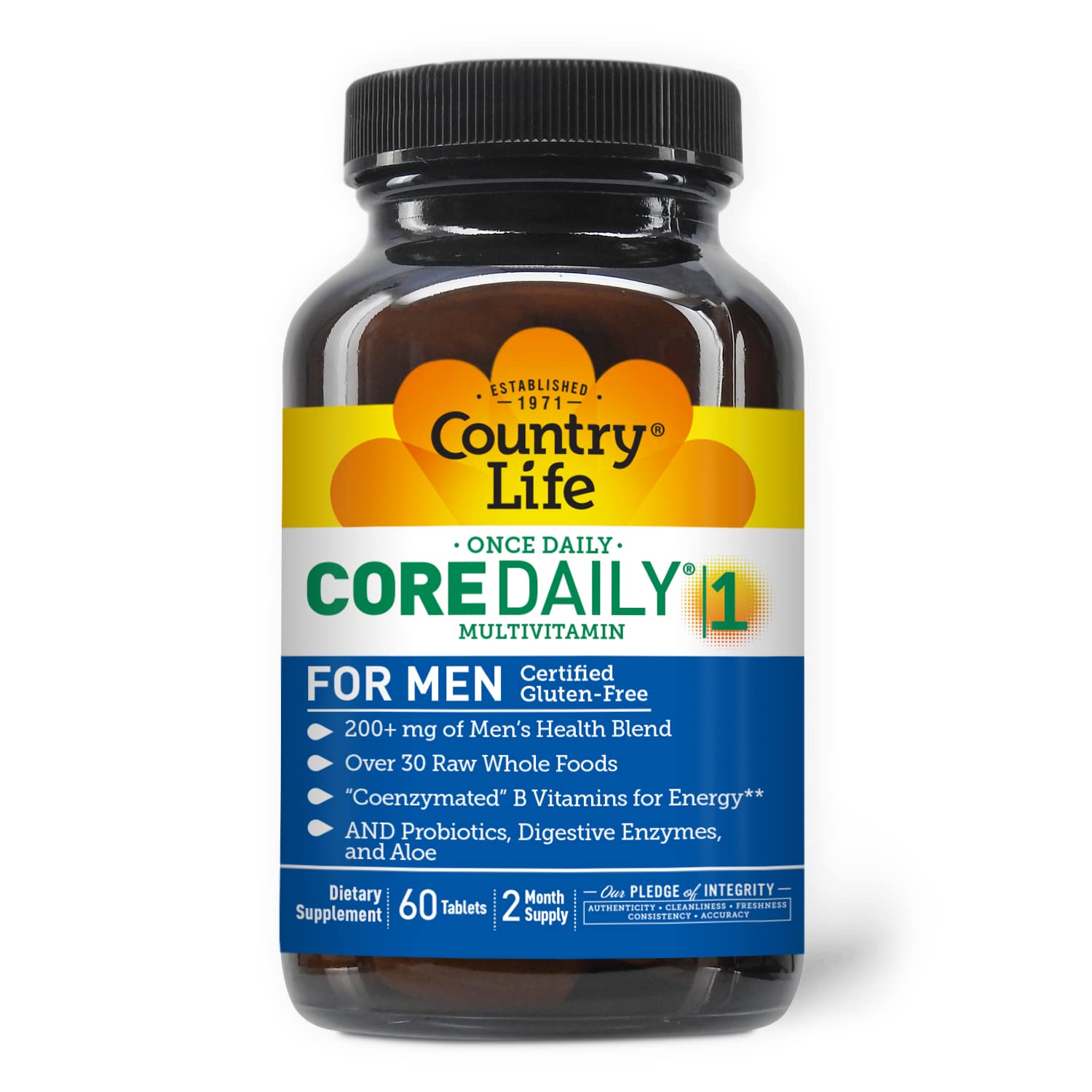 Country Life Core Daily-1, 6-in-1 Vegetarian Mens Multivitamins with Coenzymated B Vitamins for Energy, Immune Support, Over 30 Raw Whole Foods, 60 Tablets