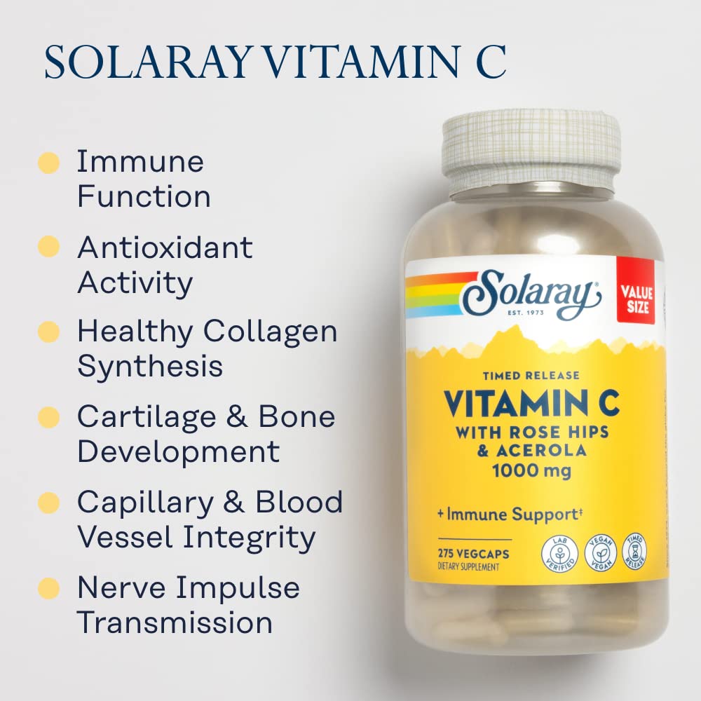 Solaray Vitamin C w/Rose Hips & Acerola | 1000mg | Two-Stage Timed-Release Healthy Immune Function (275 VegCaps)