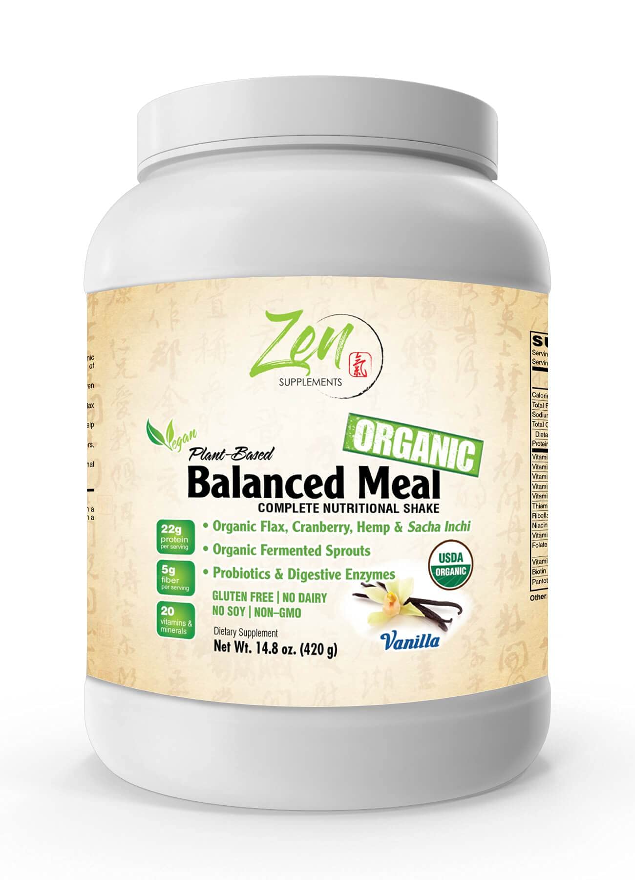 Zen Supplements - Organic Plant Based Protein Balanced Meal, Vanilla Flavored - with 22g Protein, Plus Vitamins & Nutrients - Certified Non-GMO, Gluten Free and Vegan-Friendly Organic Vanilla Protein 14.8 Oz-Powder