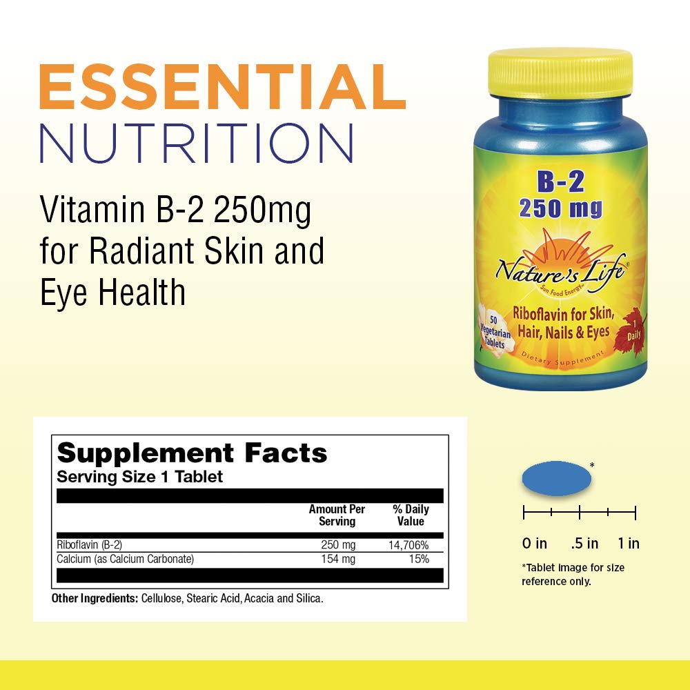 Nature’s Life Vitamin B-2, 250 | Riboflavin for Skin, Hair, Nails and Metabolism Support | Non-GMO, 50 VegCaps, 50 Serv.