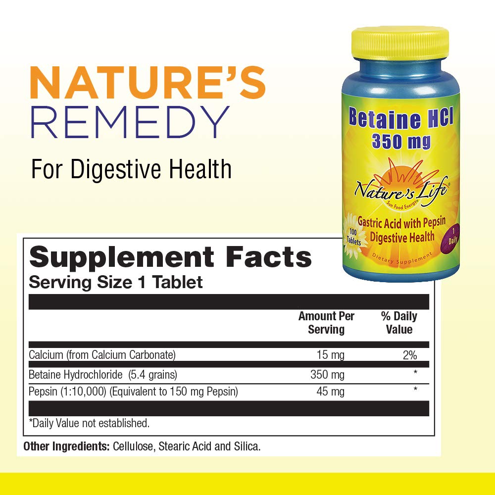 Nature's Life Betaine HCL Supplement 350 mg | Includes 150mg of Pepsin | Healthy Digestive Function Support | 100 Tablets