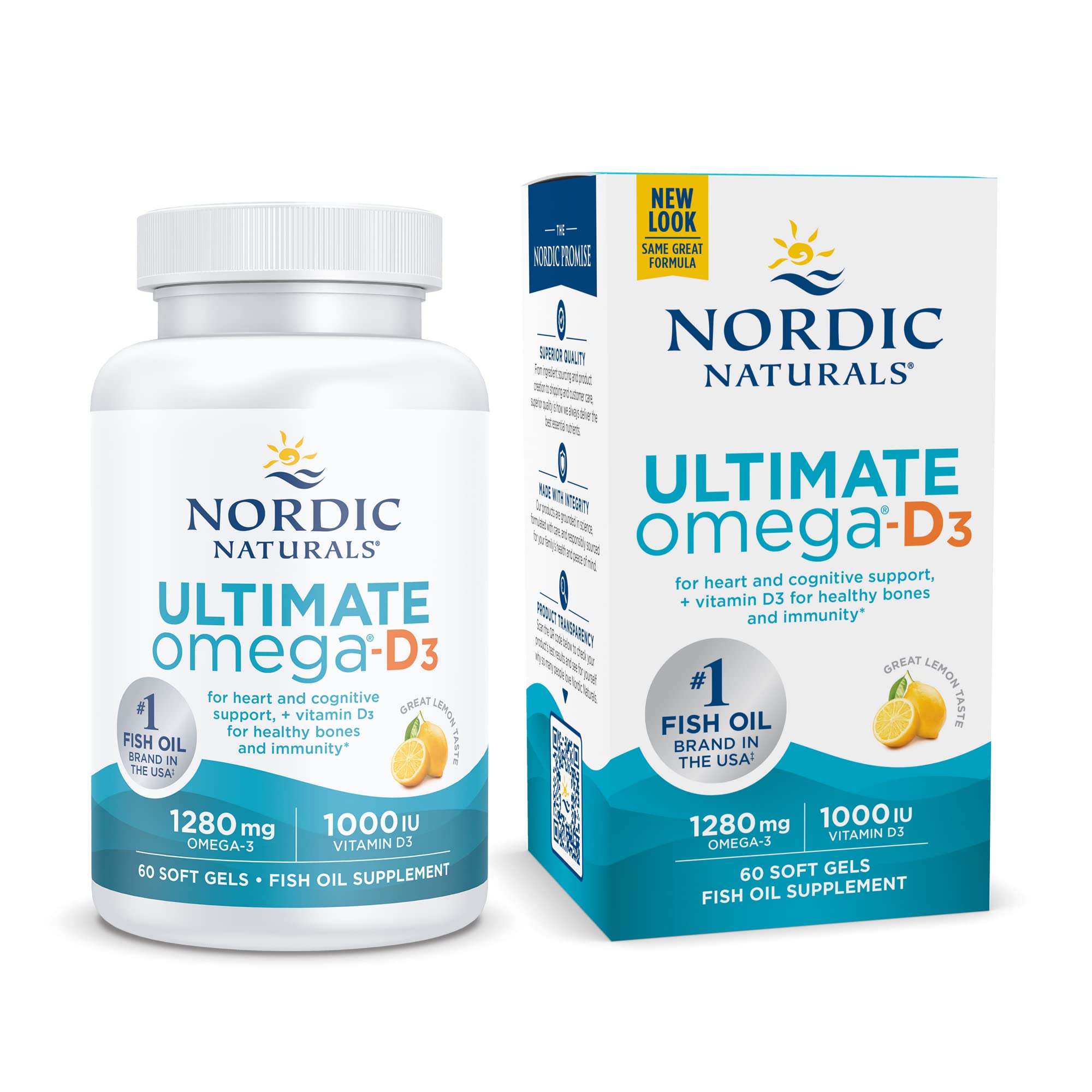 Nordic Naturals Ultimate Omega-D3, Lemon Flavor - 1280 mg Omega-3 + 1000 IU Vitamin D3 - 60 Soft Gels - Omega-3 Fish Oil - EPA & DHA - Promotes Brain, Heart, Joint, & Immune Health - 30 Servings