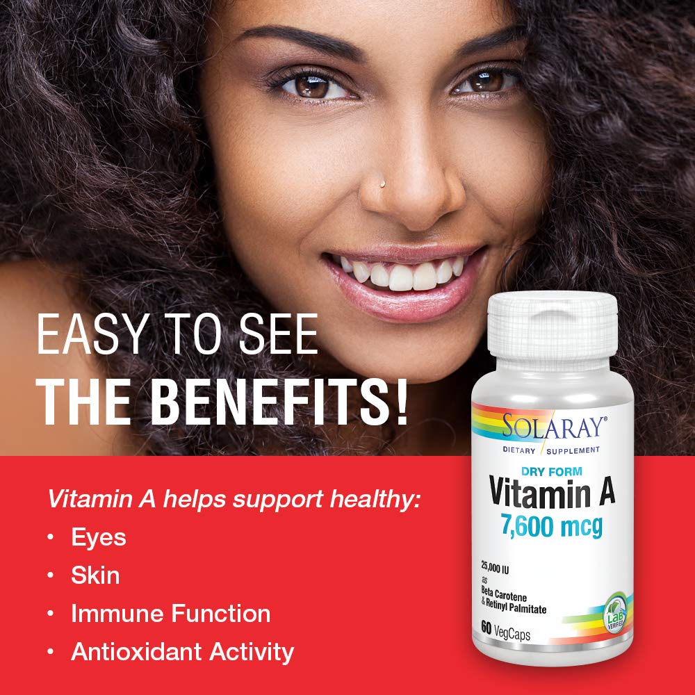 Solaray Dry Form Vitamin A 25,000 IU | Healthy Skin & Eyes, Antioxidant Activity & Immune System Function | 60 VegCaps