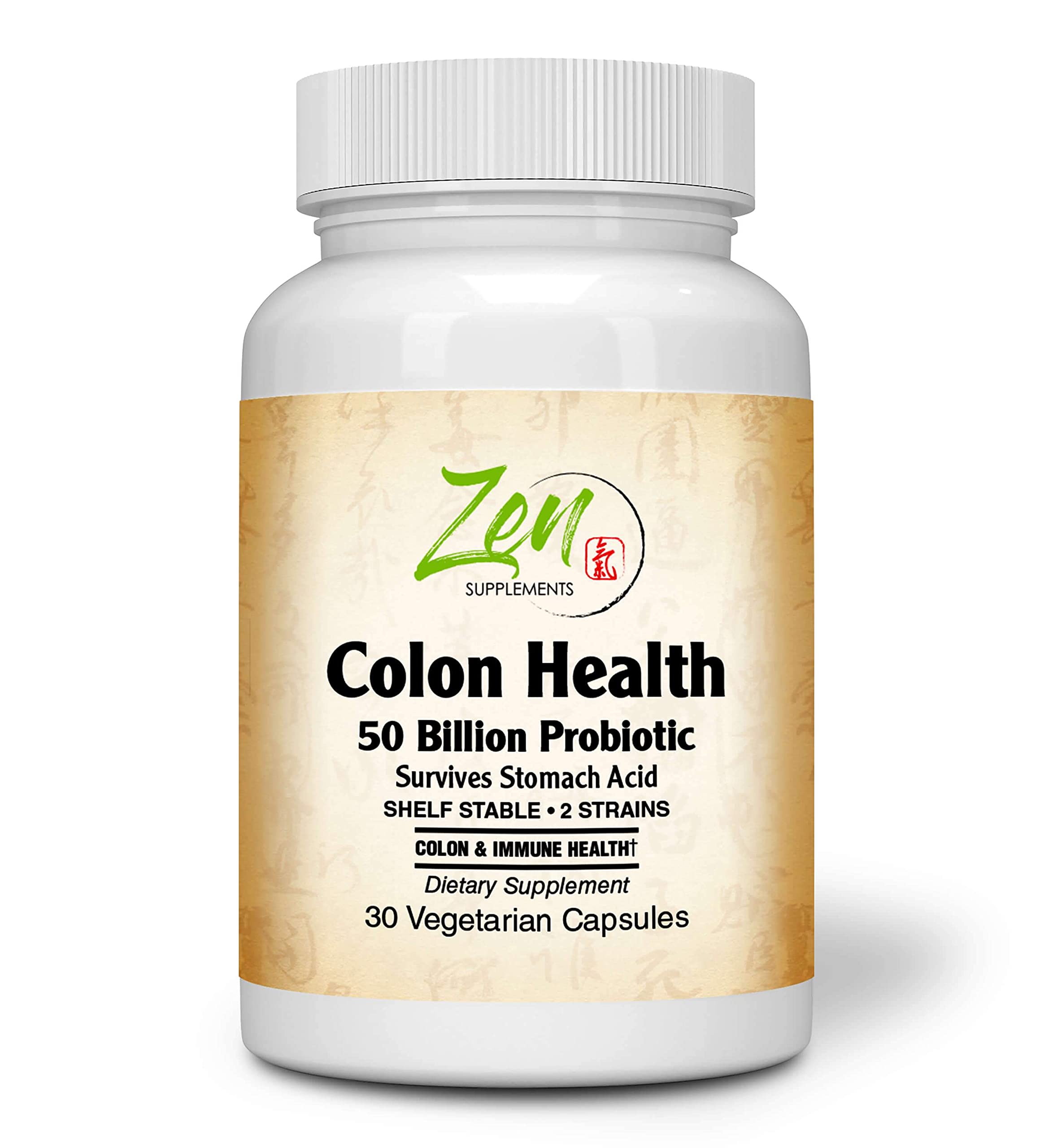 Zen Supplements - Colon Health 50 Billion CFU Probiotic with Acidophilus & Bifido Shelf Stable Strains for Gut & Digestive Health, in Delayed Release VegCaps 30-Vegcaps