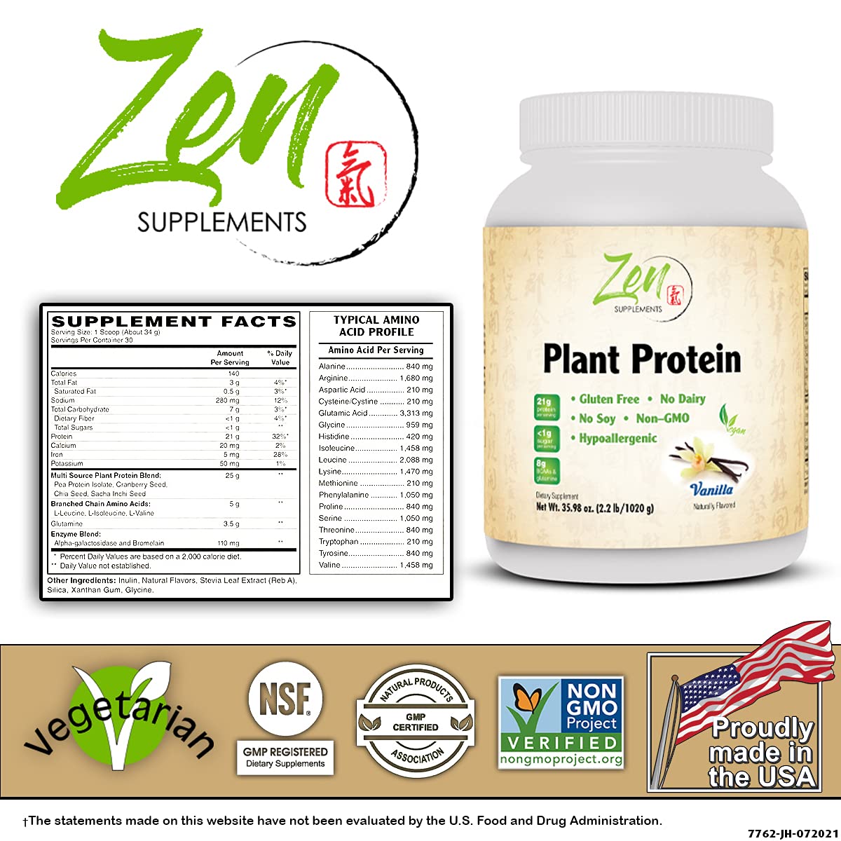 Zen Supplements - Plant Protein-Vanilla 1020G 2.2LB-Powder - 25 Grams of Protein Per Serving -Vegan, Low Net Carbs, Non Dairy, Gluten Free, Lactose Free, No Sugar Added, Soy Free, Kosher, Non-GMO