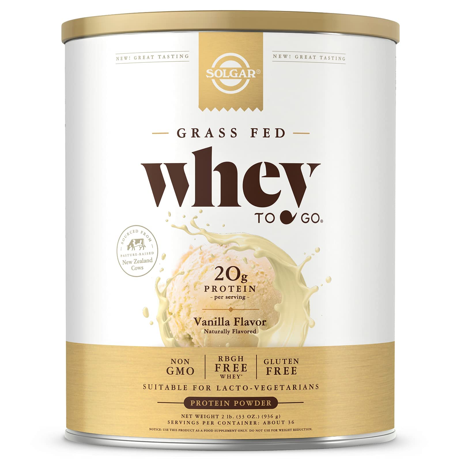 Solgar Whey To Go Whey Protein Powder, Vanilla, 33 oz - Whey Protein Isolate and Concentrate - Mixes Easily for Smooth Taste - Gluten Free - 20g Protein per Serving