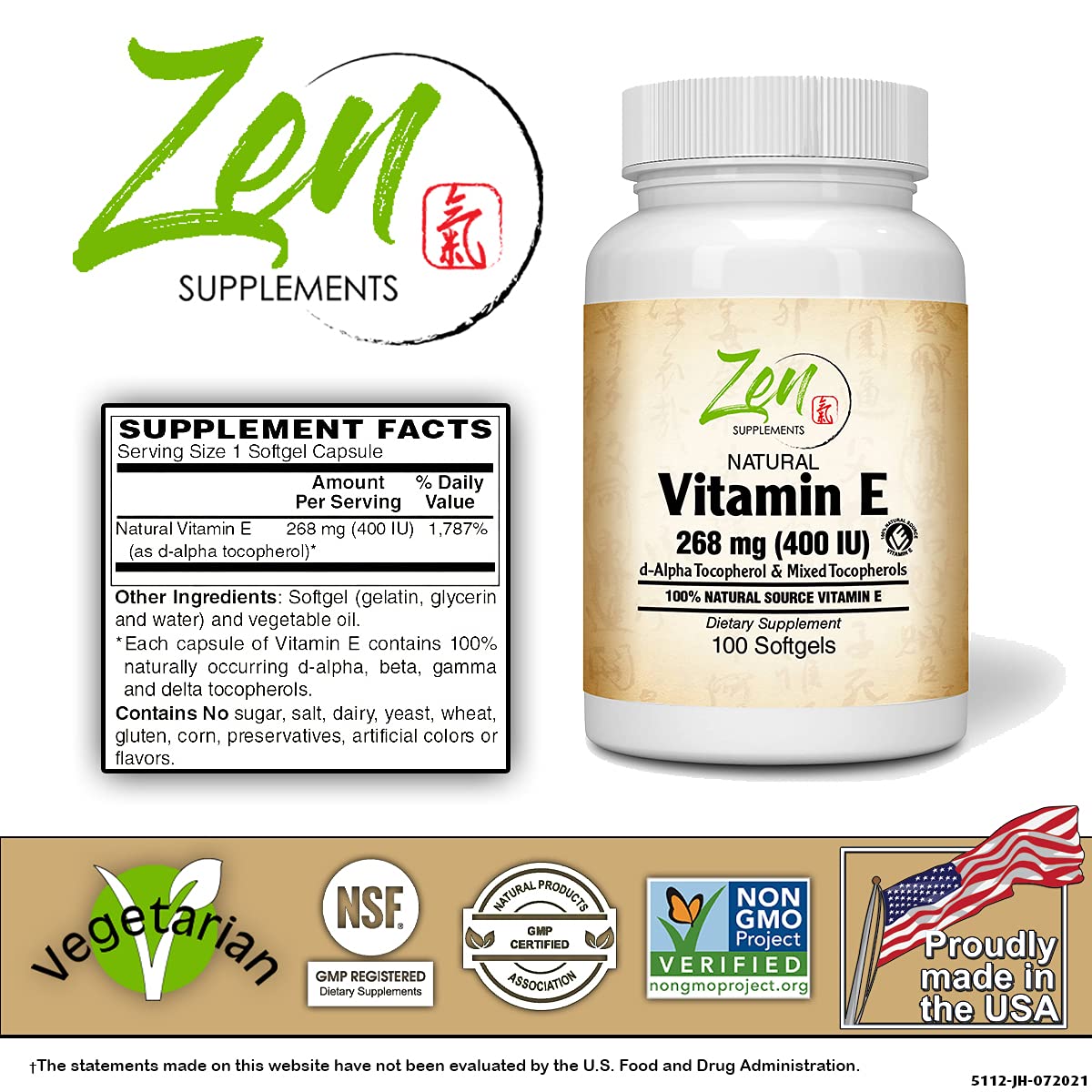 Zen Supplements - Vitamin E-400 Mixed Tocopherols - Supports Overall Wellness & Immune Function, Promotes Beautiful Hair & Skin 100-Softgel
