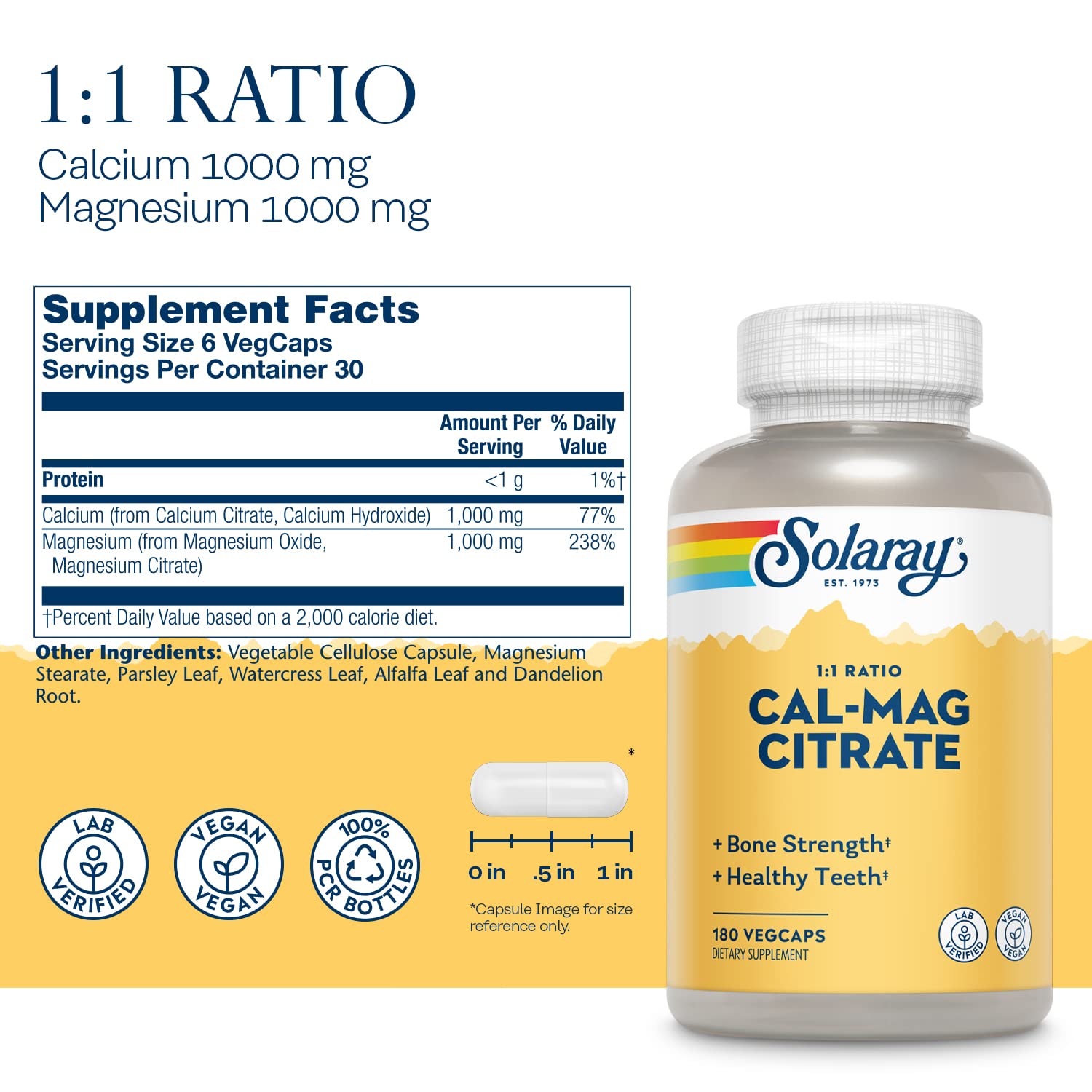 Solaray Calcium & Magnesium Citrate 1:1 Ratio 180ct VegCap