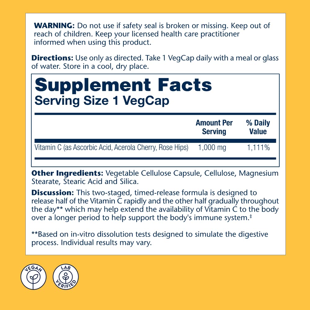 Solaray Vitamin C w/Rose Hips & Acerola | 1000mg | Two-Stage Timed-Release Healthy Immune Function (275 VegCaps)