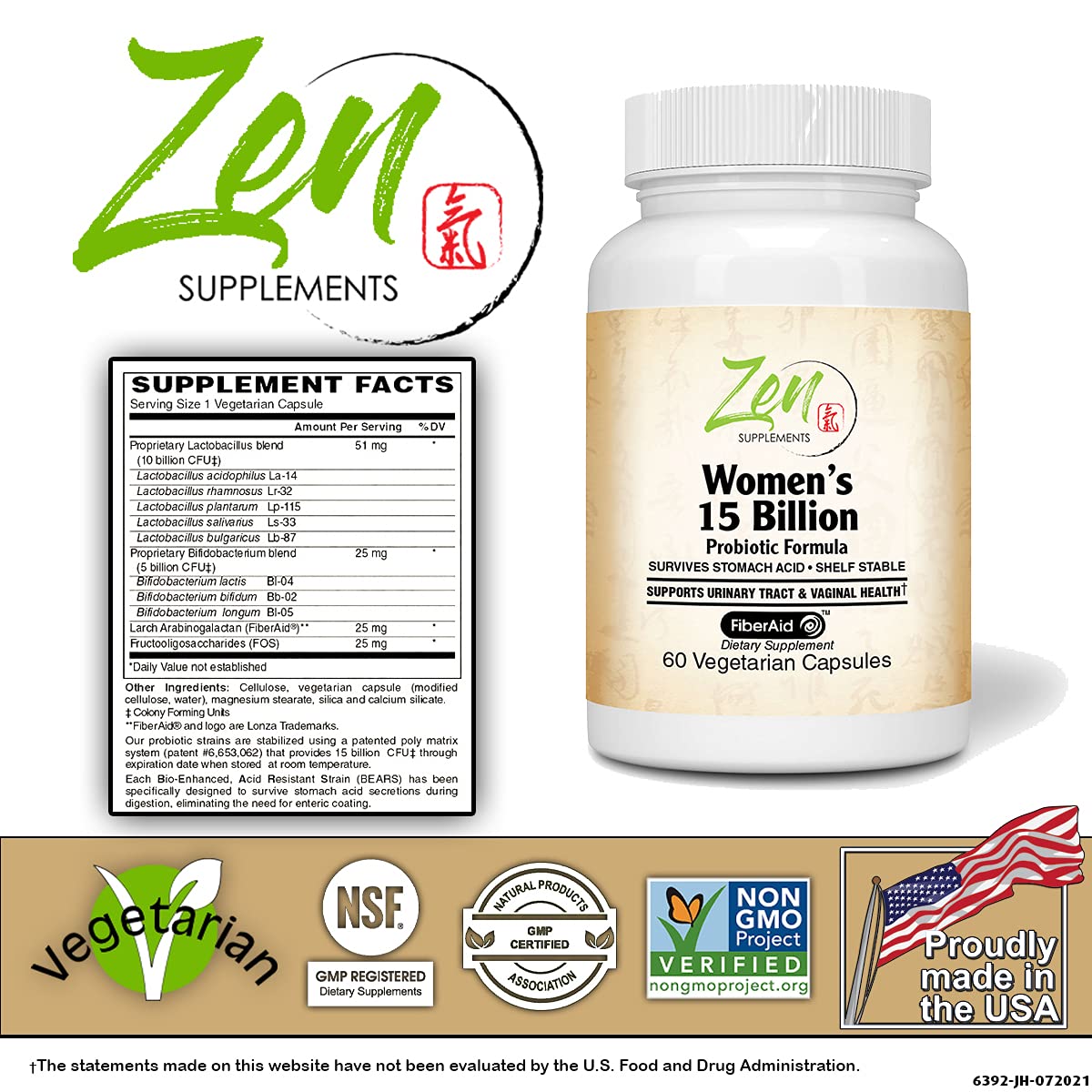 Zen Supplements - Womens 15 Billion Multi-Probiotic - Supports Urinary and Vaginal Health with Lactobacilli & Bifado Blended Strains Survives Stomach Acid, Shelf Stable 60-Vegcaps
