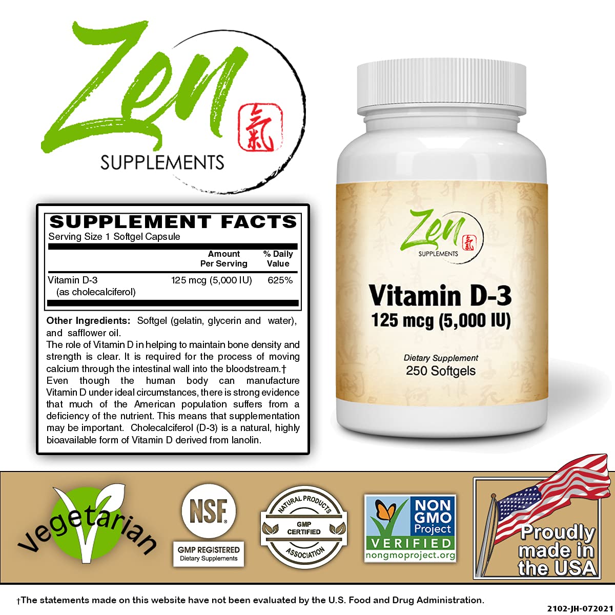 Zen Supplements - Vitamin D-3 5000 IU 250-Softgel - Supports Healthy Muscle Function, Bone Health & Immune Support