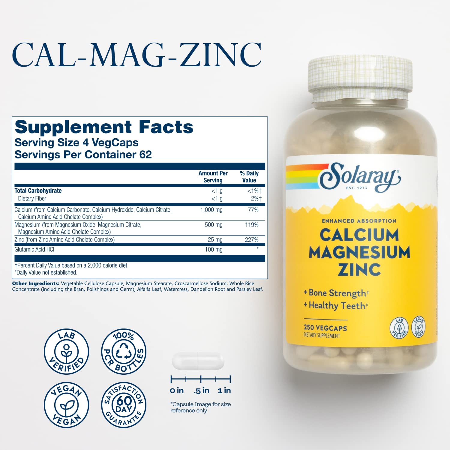 Solaray Calcium, Magnesium, Zinc | High Absorption with Glutamic Acid | Healthy Bones, Teeth, Nerve, Muscle, Heart & Immune Function Support | 250ct