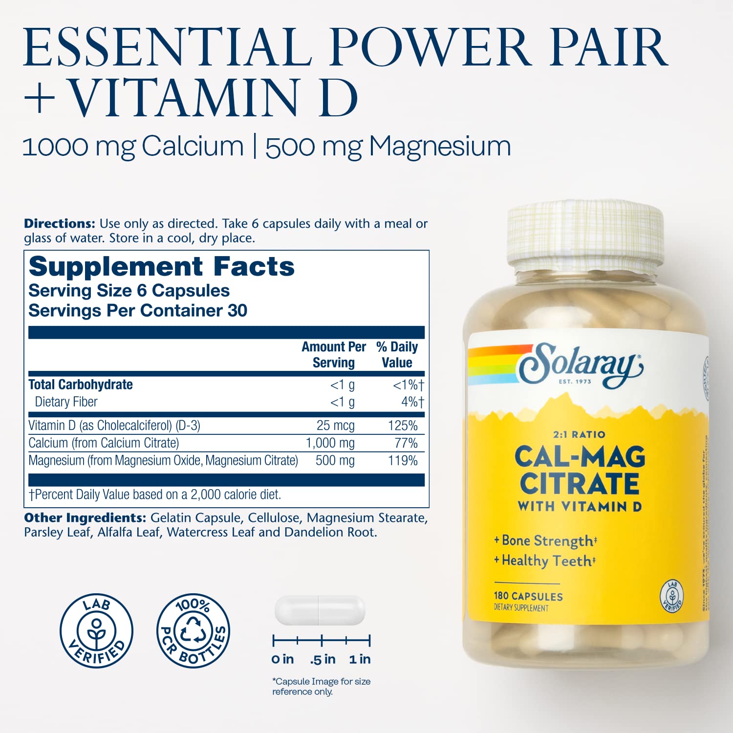 Solaray Calcium & Magnesium Citrate with Vitamin D-3 2:1 Ratio 180ct Capsule