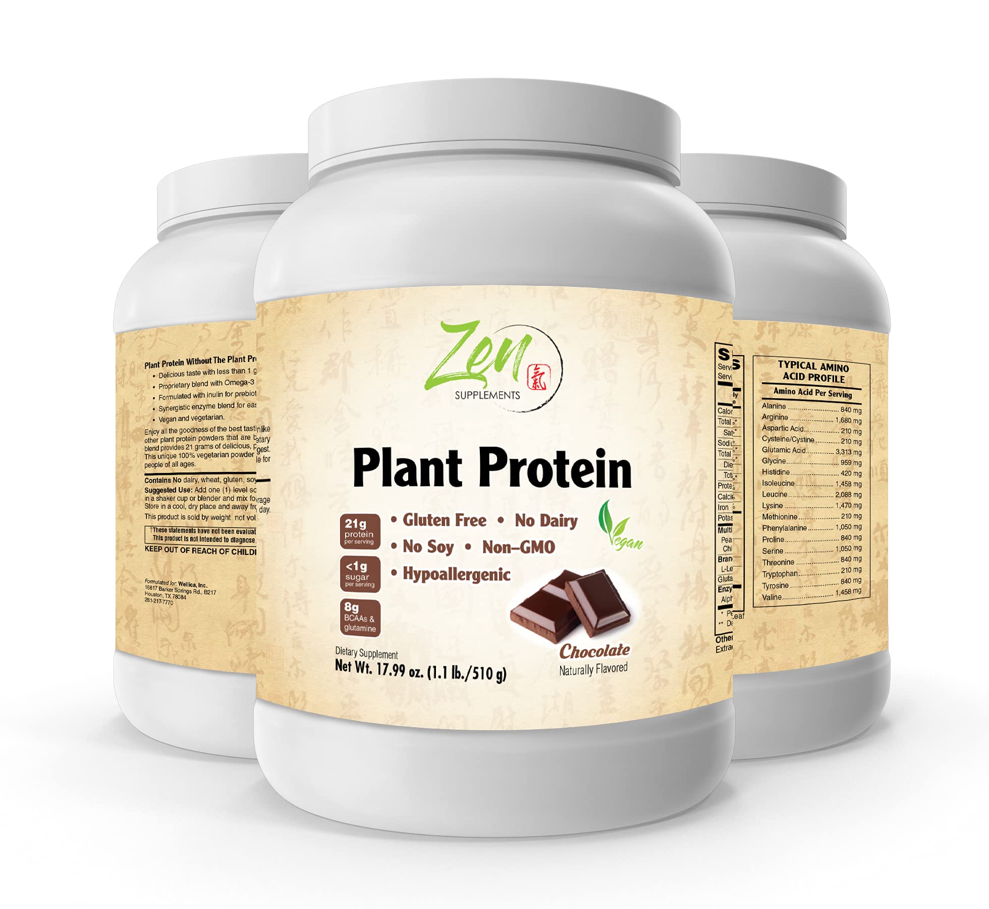 Zen Supplements - Plant Protein-Chocolate 510G 1.1LB -Powder - 23 Grams of Protein Per Serving -Vegan, Low Net Carbs, Non Dairy, Gluten Free, Lactose Free, No Sugar Added, Soy Free, Kosher, Non-GMO