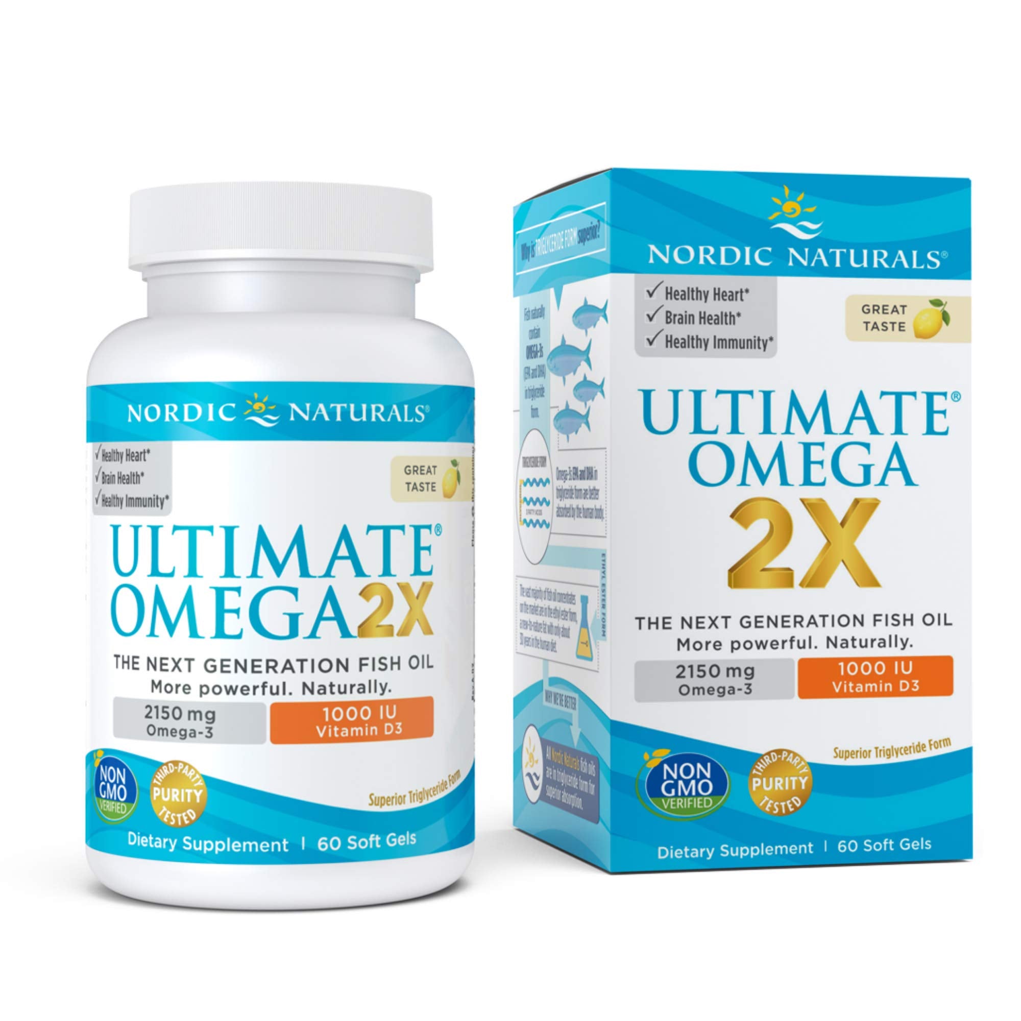 Nordic Naturals Ultimate Omega 2X with Vitamin D3, Lemon Flavor - 2150 mg Omega-3 + 1000 IU D3-60 Soft Gels - Omega-3 Fish Oil - EPA & DHA - Brain, Heart, Joint, Immune Health - 30 Servings