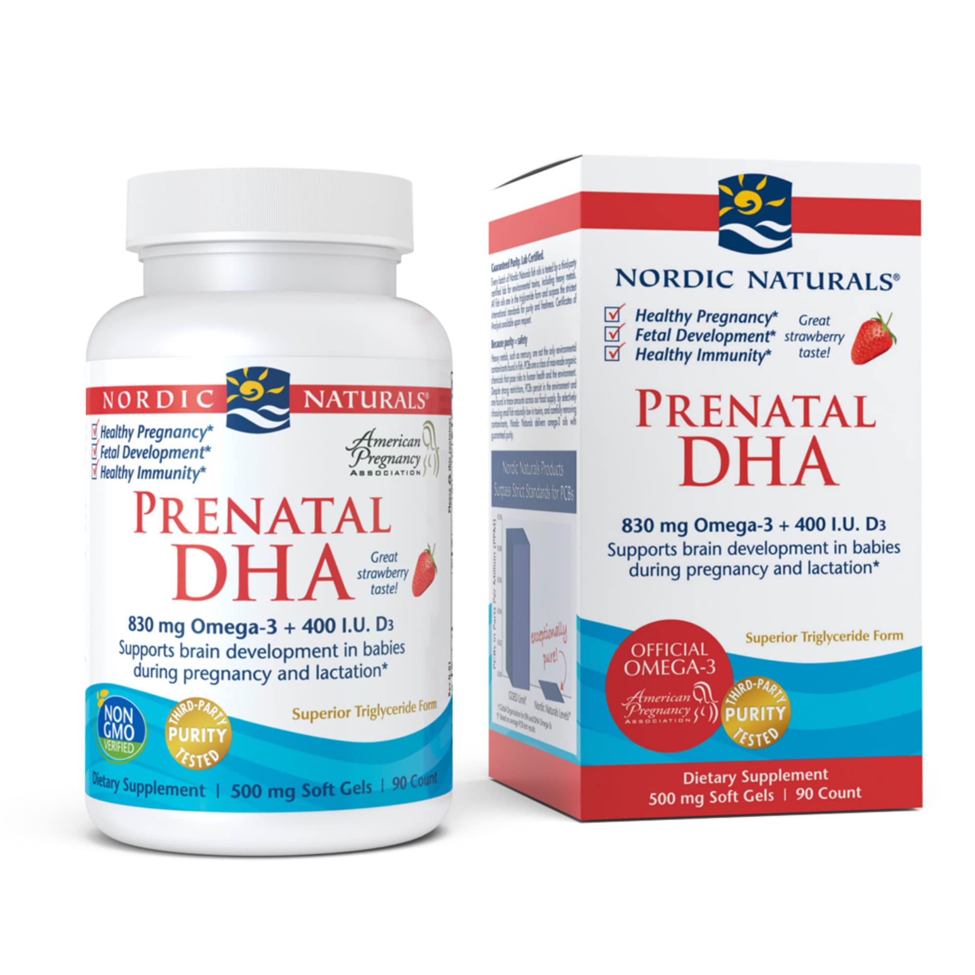 Nordic Naturals Prenatal DHA, Strawberry - 830 mg Omega-3 + 400 IU Vitamin D3 - 90 Soft Gels - Supports Brain Development in Babies During Pregnancy & Lactation - Non-GMO - 45 Servings