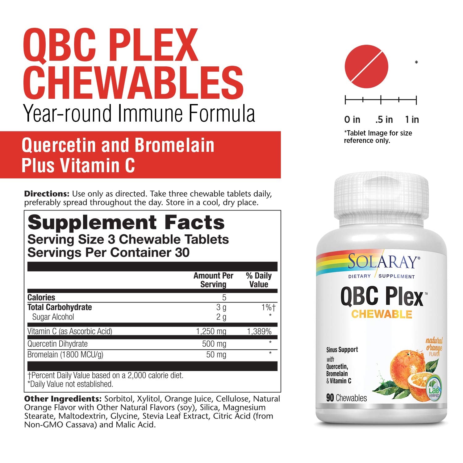 Solaray QBC Plex Quercetin & Bromelain plus Vitamin C 90ct Chewable Orange